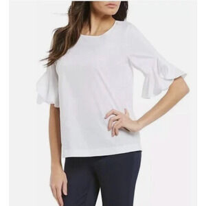 Calvin Klein Women's White Crew-Neck Ruffle-Trim Bell-Sleeve Top Size Medium